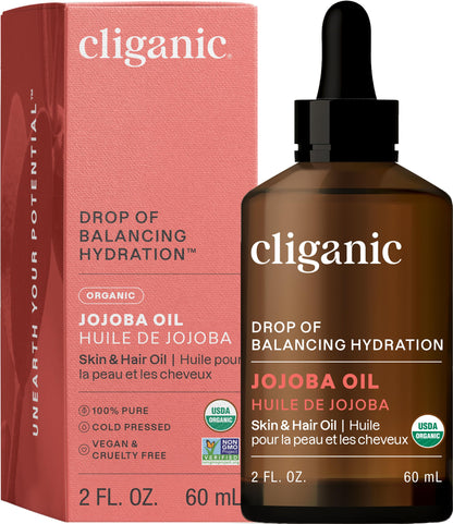 Cliganic USDA Organic Jojoba Oil 100% Pure (2oz) | Natural Cold Pressed Unrefined Hexane Free Oil for Hair & Face | Base Carrier Oil (Packaging May Vary)